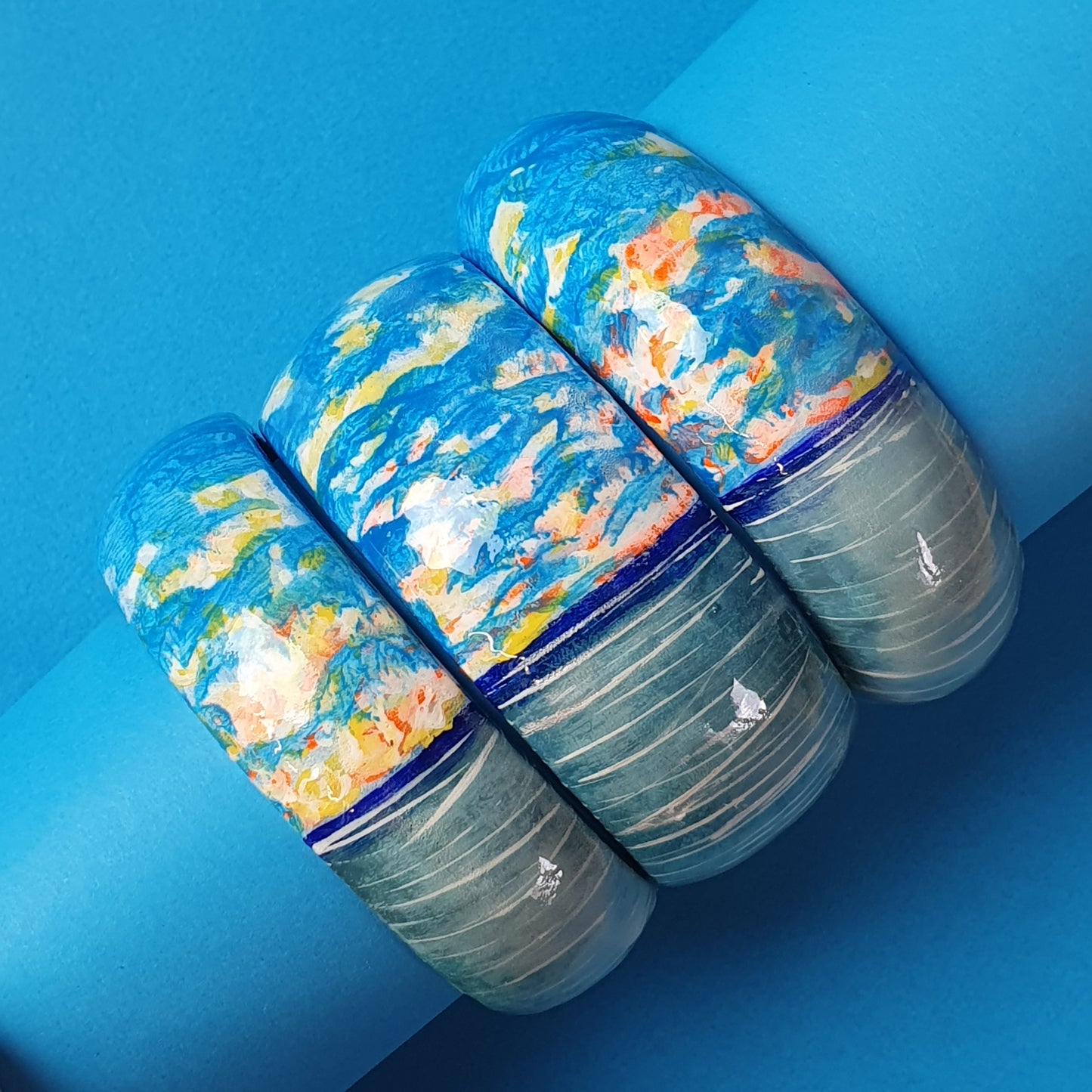 Set of 3 wooden bracelets, hand painted, Summer