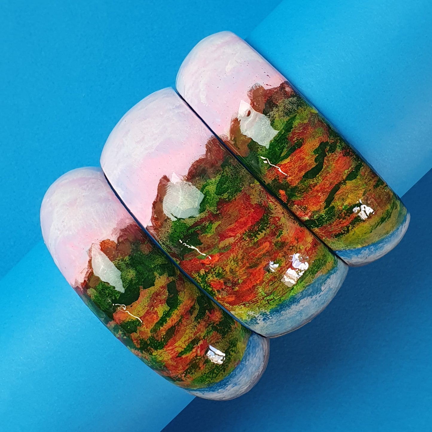 Wooden bracelet, hand painted, Spring, large