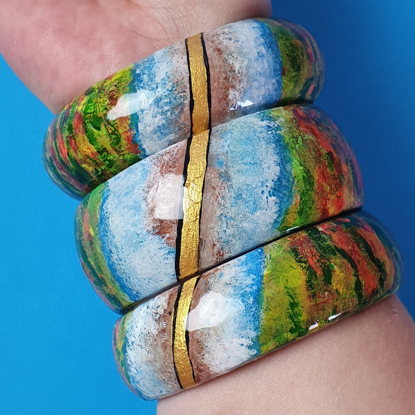 Wooden bracelet, hand painted, Spring, large