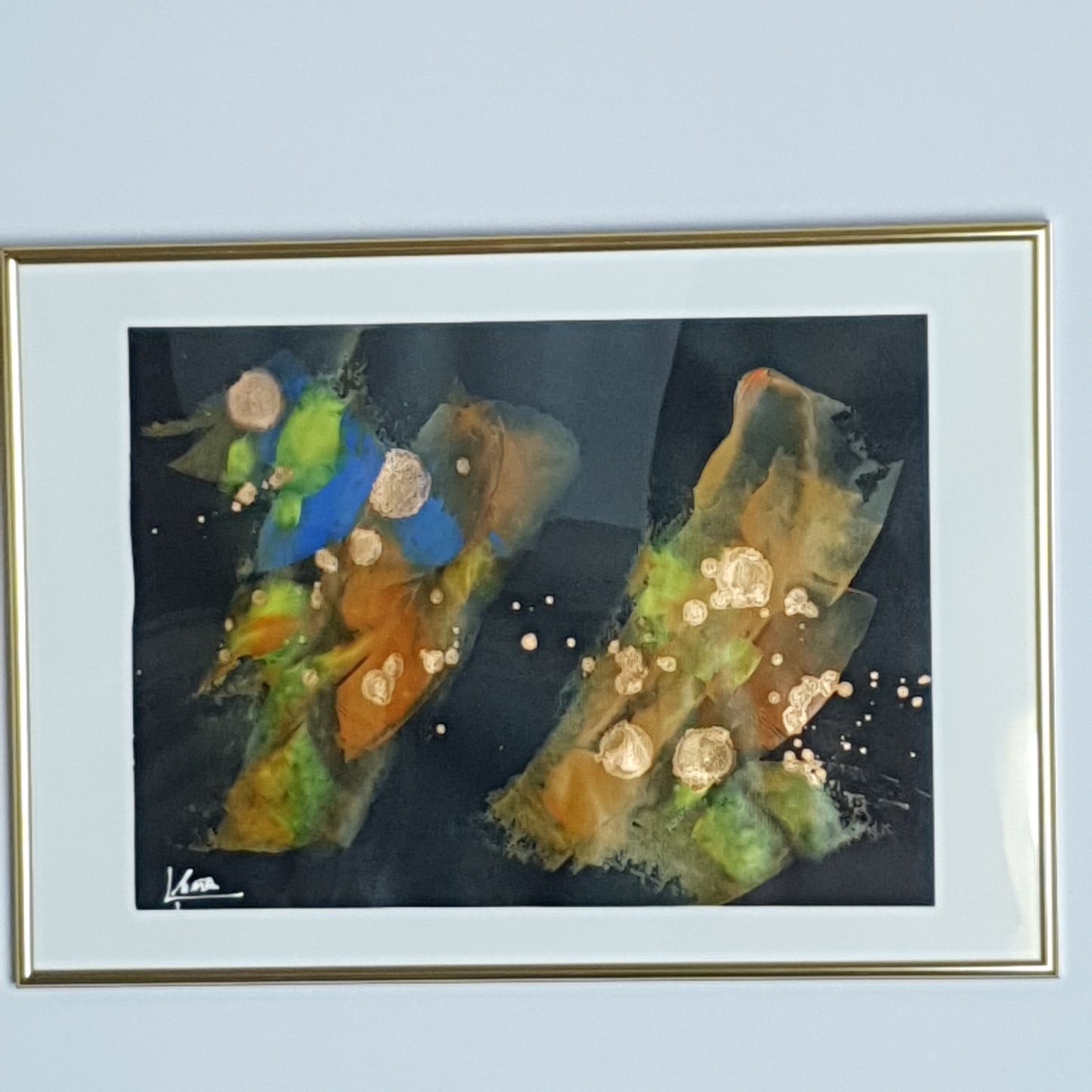 Set aus 2 Gemälden auf Papier mit Rahmen, zwei Diptychen