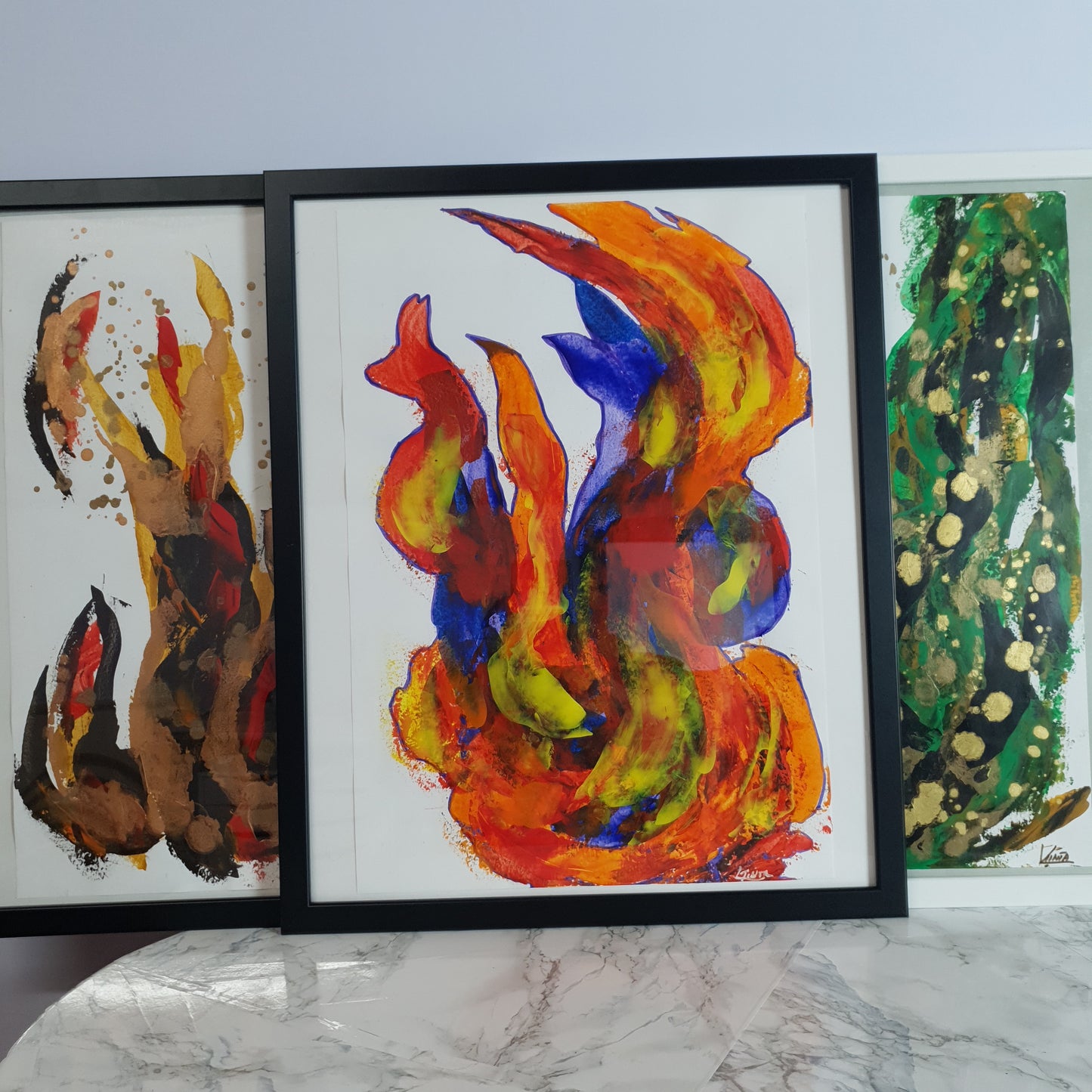 Originalgemälde auf Papier, Triptychon, Flamme im Herzen