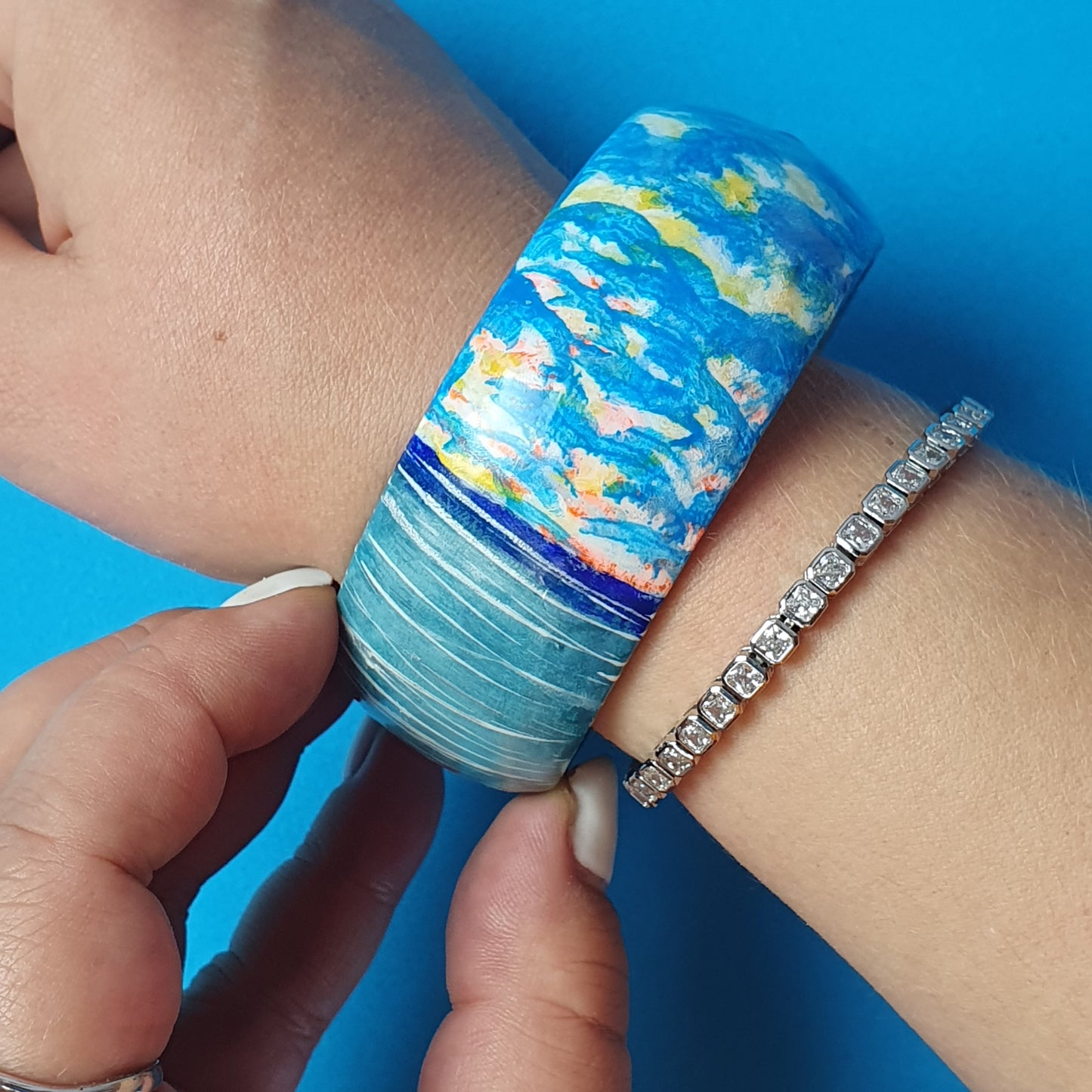 Wooden bracelet, hand painted, Summer, Wide