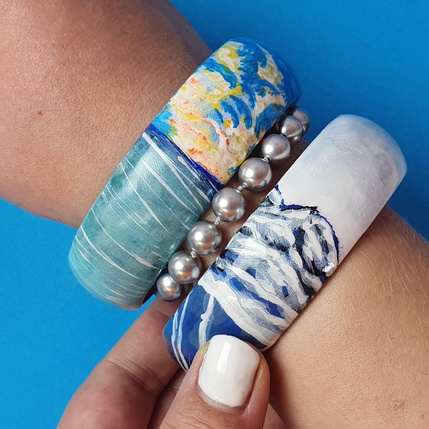 Set of 3 wooden bracelets, hand painted, Winter