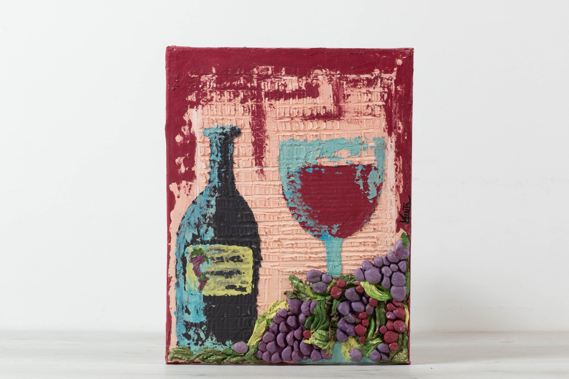 dipinto bottiglia vino rosso, dipinto uva, dipinto bicchiere di vino, dipinto materico