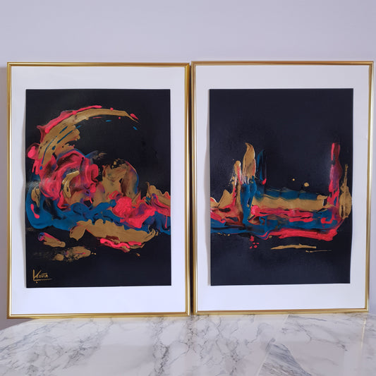 Original diptych painting on paper, Pink Moon